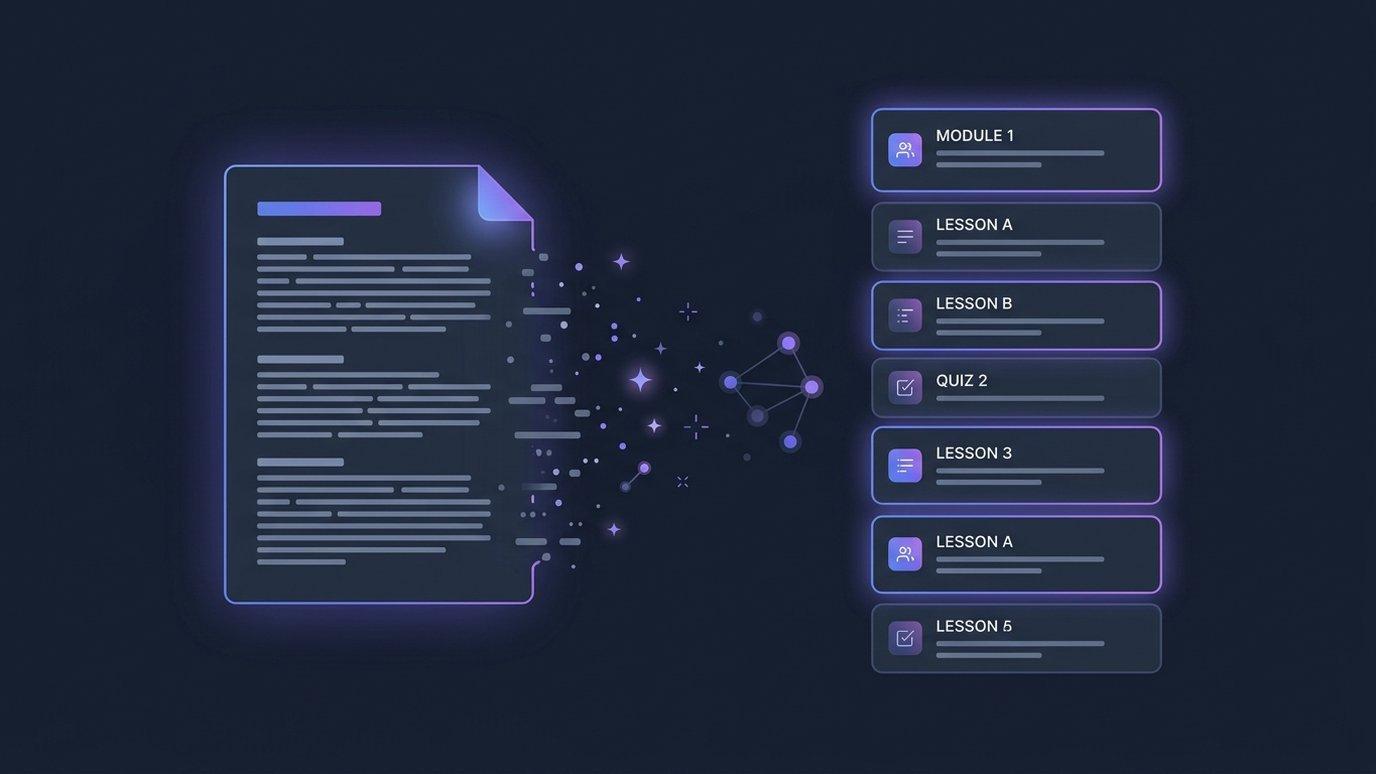 A syllabus document transforming into a structured stack of modules and lessons