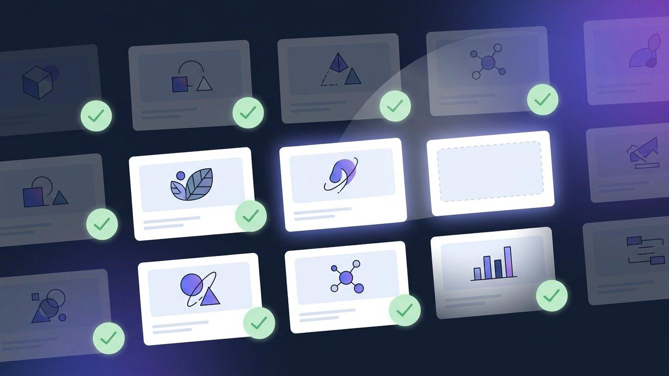 A grid of course slides, most carrying a verified illustration with a check mark and one left honestly blank