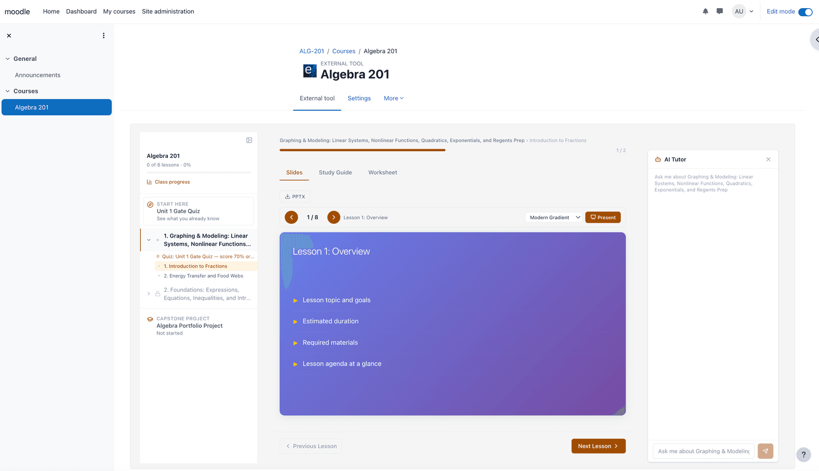 Un corso EduGears AI pubblicato, Algebra 201, in esecuzione come strumento esterno all'interno di Moodle — con il lettore guidato e il Tutor AI