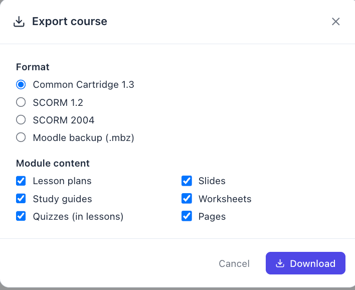 La finestra di dialogo Esporta corso con opzioni Common Cartridge 1.3, SCORM 1.2, SCORM 2004 e backup Moodle (.mbz) e interruttori per contenuto