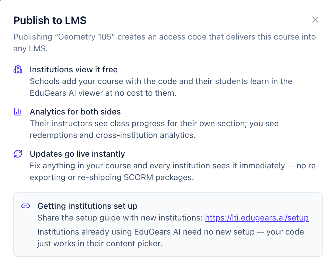 La finestra di dialogo Pubblica su LMS spiega che la pubblicazione genera un codice di accesso che consegna il corso in qualsiasi LMS