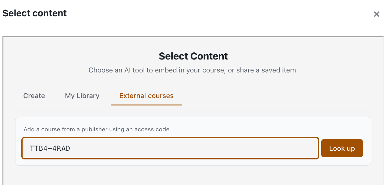 Un istruttore incolla un codice di accesso nella scheda Corsi esterni del selettore di contenuti EduGears AI all'interno del loro LMS