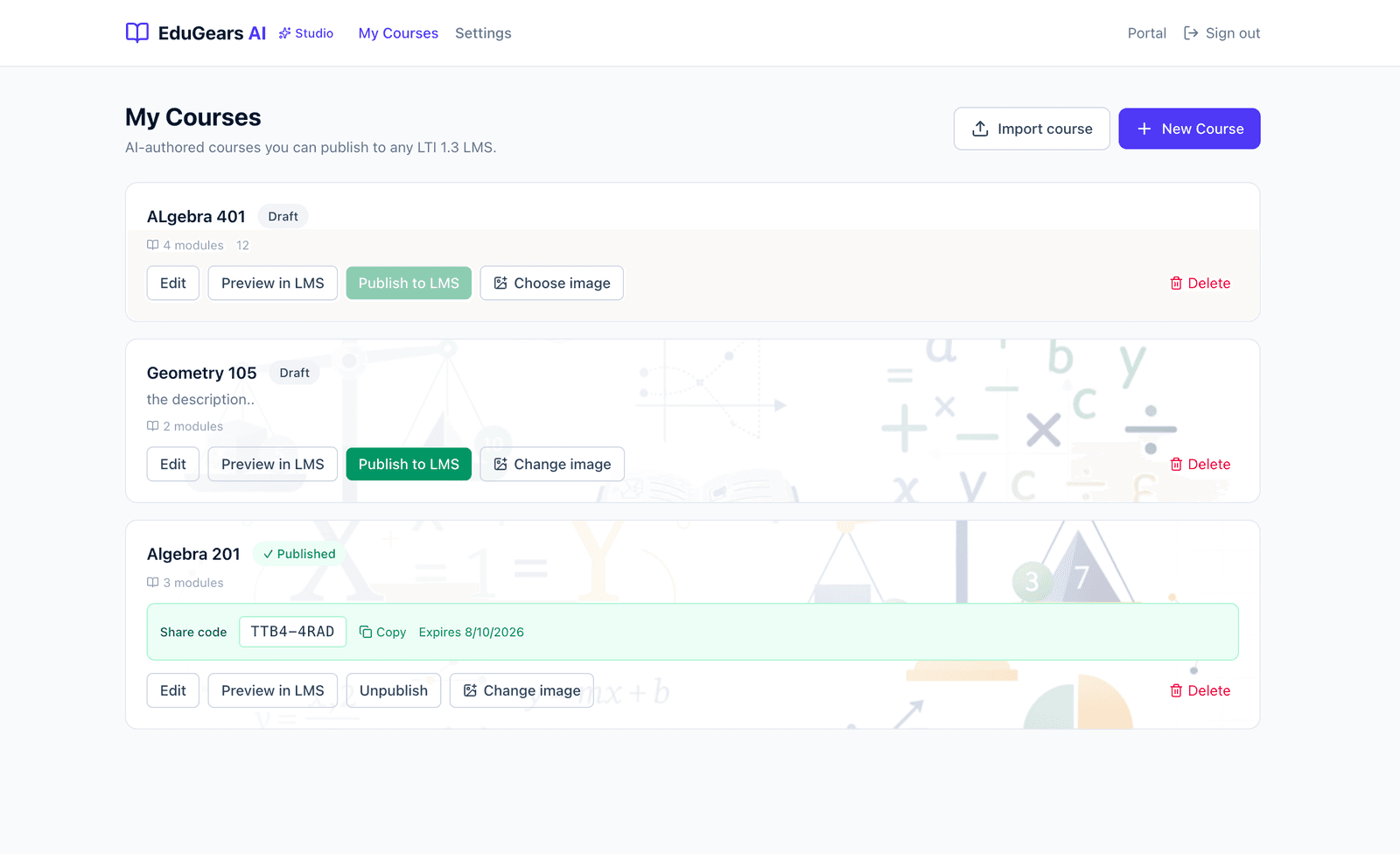 EduGears AI Studio — un elenco di corsi, incluso un corso pubblicato che mostra il suo codice di accesso condivisibile