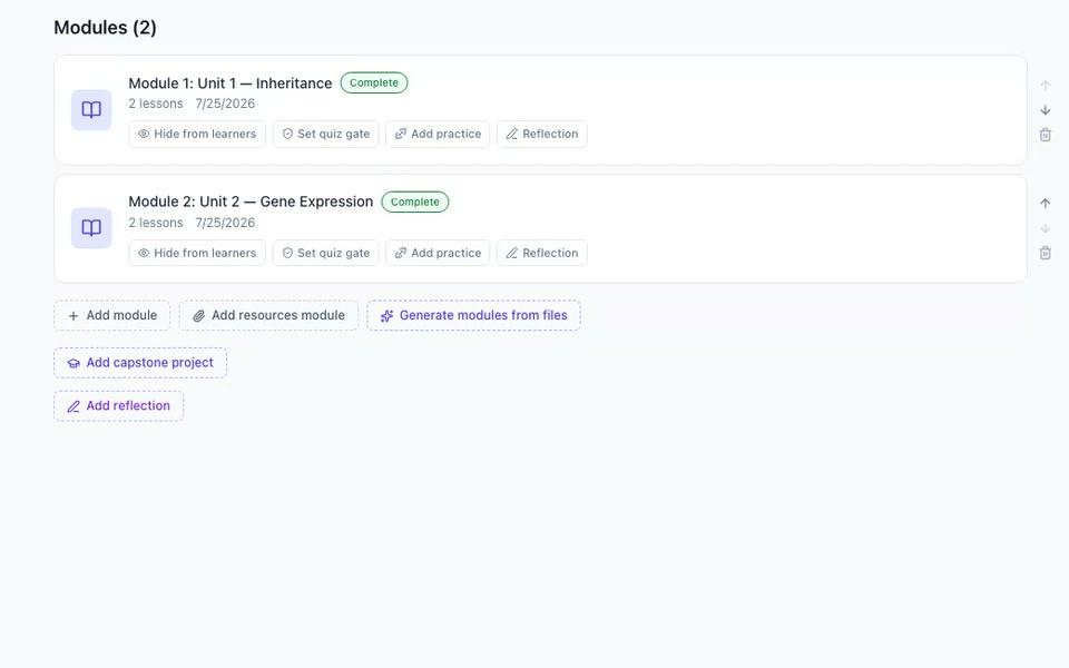 EduGears AI Studio 中导入的课程,已重建为可编辑的模块和课时