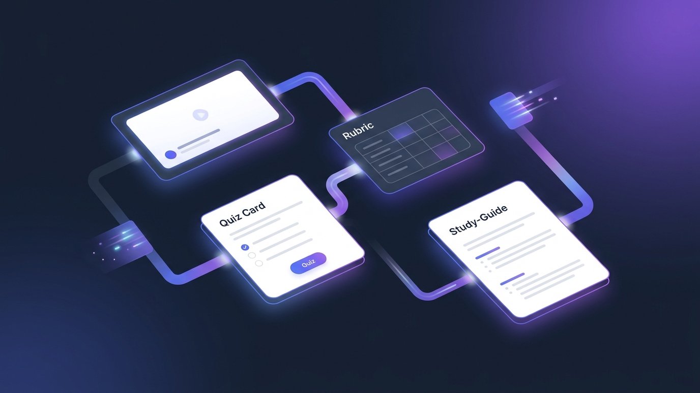 Floating course-authoring building blocks — slides, quiz, rubric, study guide — assembled by AI