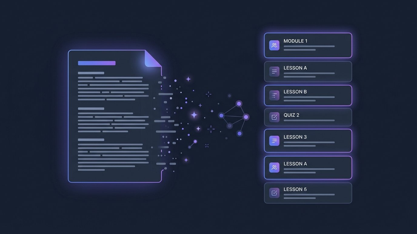 A syllabus document transforming into a structured stack of modules and lessons